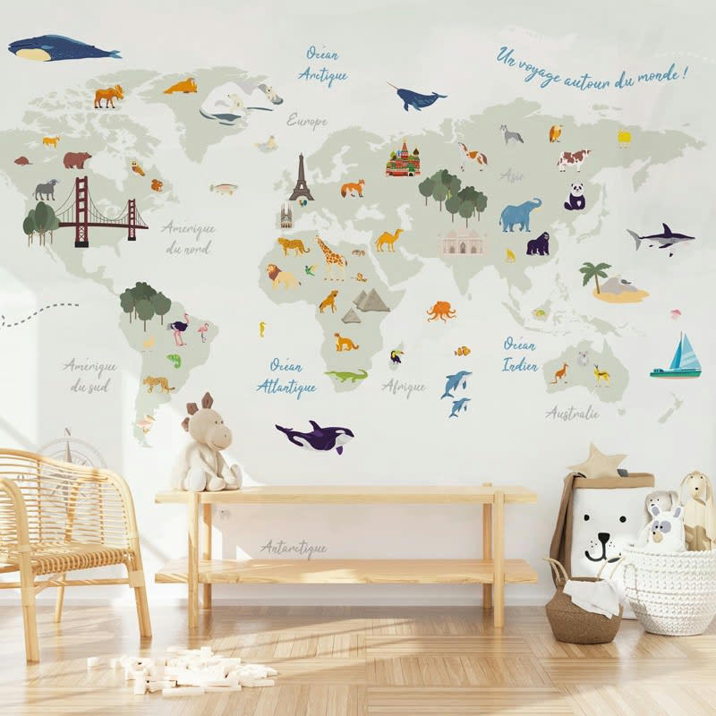 WORLD MAP NATURE - Papier Peint Panoramique L336xH270cm Vert Planisphére