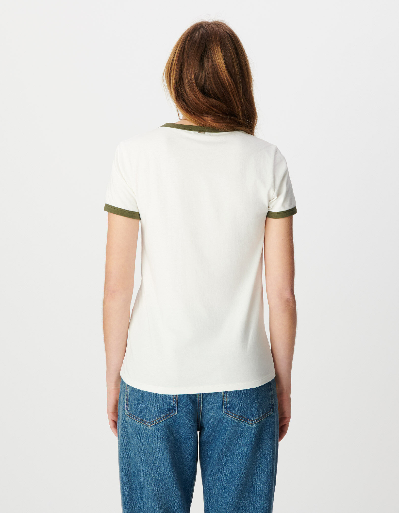 Tee-shirt manches courtes écru visuel oiseau kaki Femme