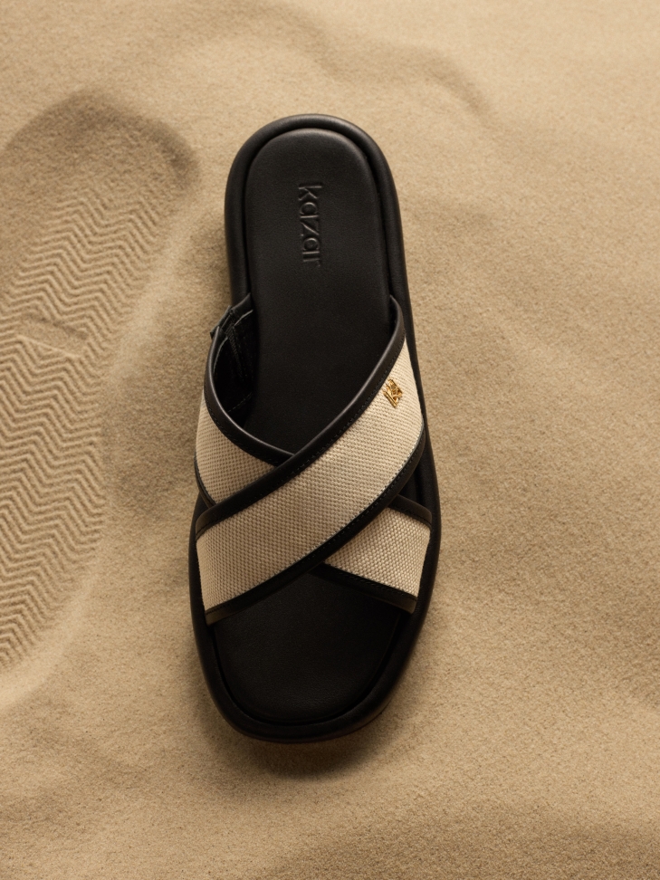 Leather slides on a thick sole with cross straps