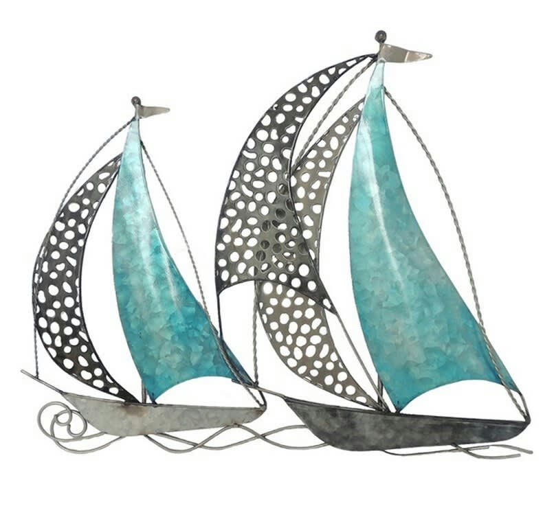 CASSIS - Décoration murale en métal voilier gris et bleu 43x36x3