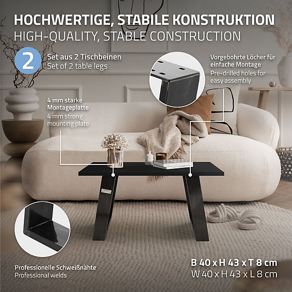 Lot de 2 pieds de table ML-Design inclinaison à 80 degrés 40x43 cm industriel acier en poudre clair