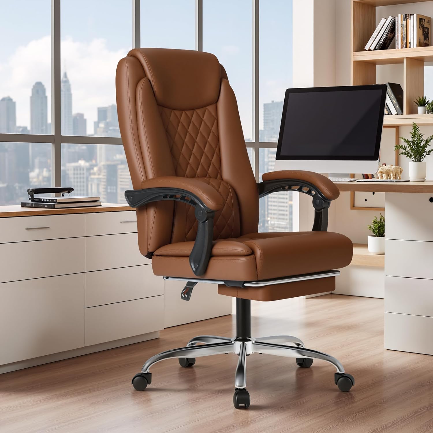 Furmax Office Chair with Footrest Ergonomic High Back Design Executive Computer Desk Chair400lbs, 90-135° Reclining Leather Home Office Desk Chairs Swivel Task Chairs with Wheels (Brown)
