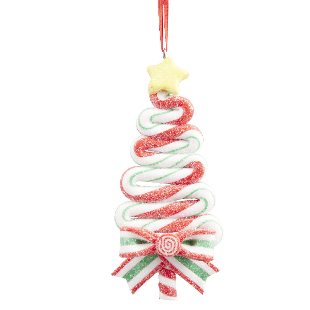 Suspension No&euml;l sapin en sucre d orge pailleté rouge vert blanc H.10,5 cm