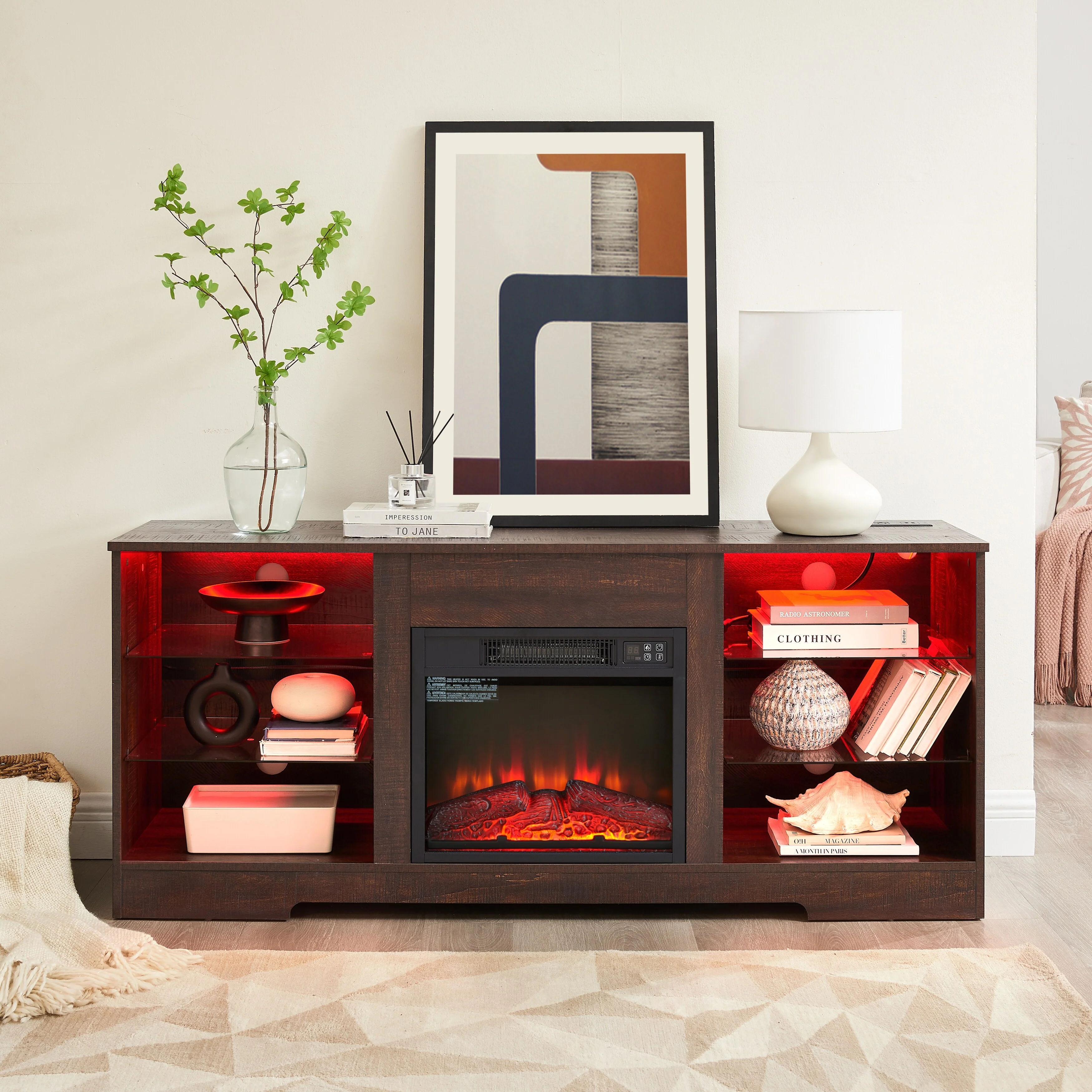 Modern TV Stand with Electric Fireplace and LED Lighting