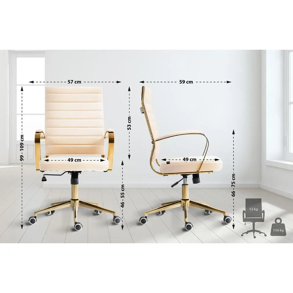 CLP Bureaustoel Havanna goud Frame - Kunstleer - creme