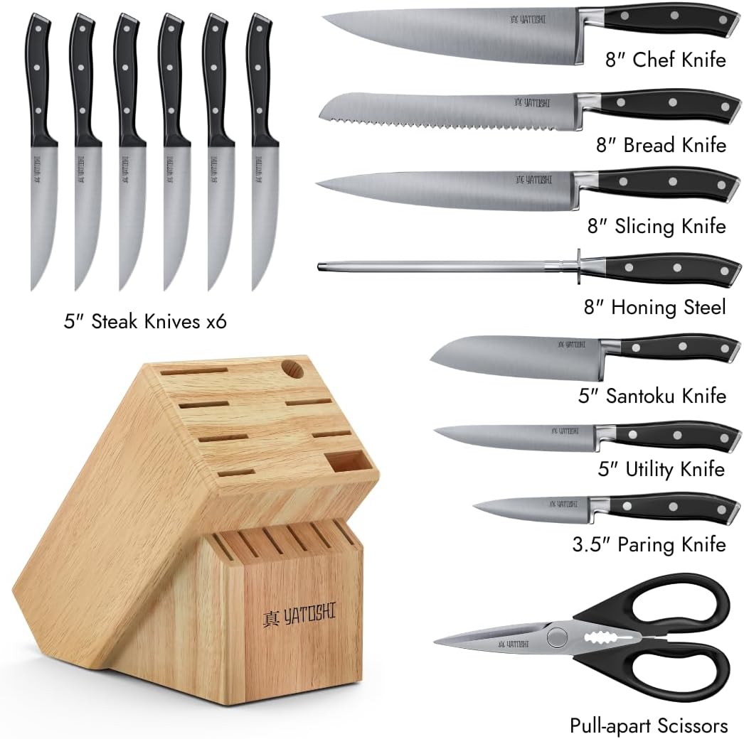 Yatoshi 15 Piece Black Knife Block Set - Pro Kitchen Knife Set Ultra Sharp High Carbon Stainless Steel with Ergonomic Handle