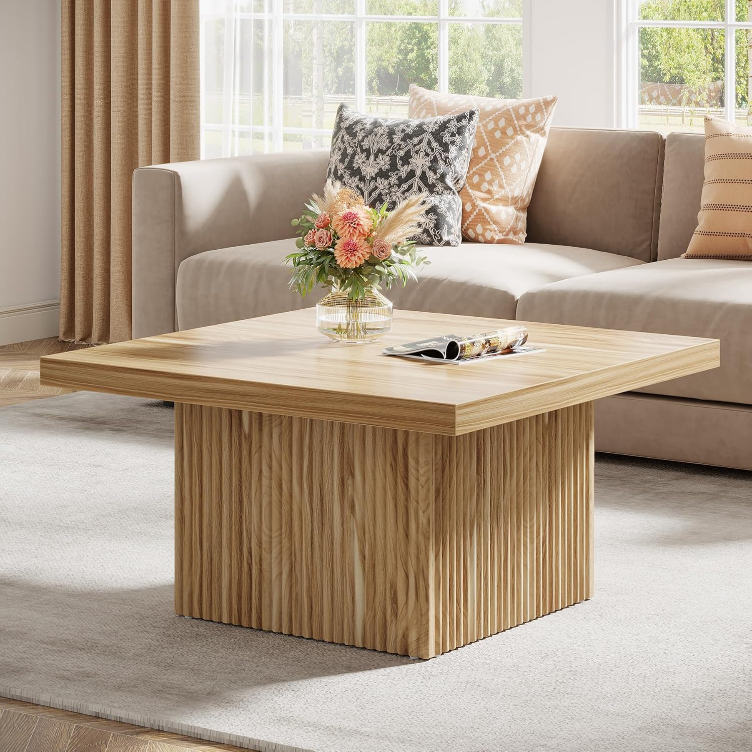 Tribesigns Square Coffee Table, 31.5-Inch Fluted Coffee Table, Mid-Century Modern Living Room Table, Large Cocktail Table for Living Room, Easy Assembly, Oak