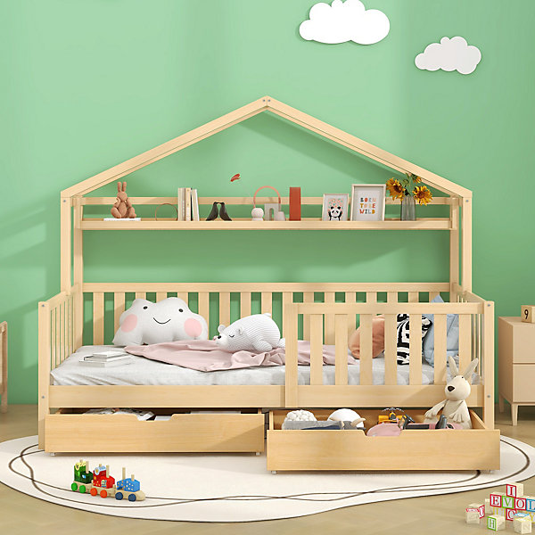 Lit enfant 90x200 cm - Lit Cabane avec 2 Tiroirs de Rangement, Sommier en Bois Inclus, Sans Matelas - Naturel