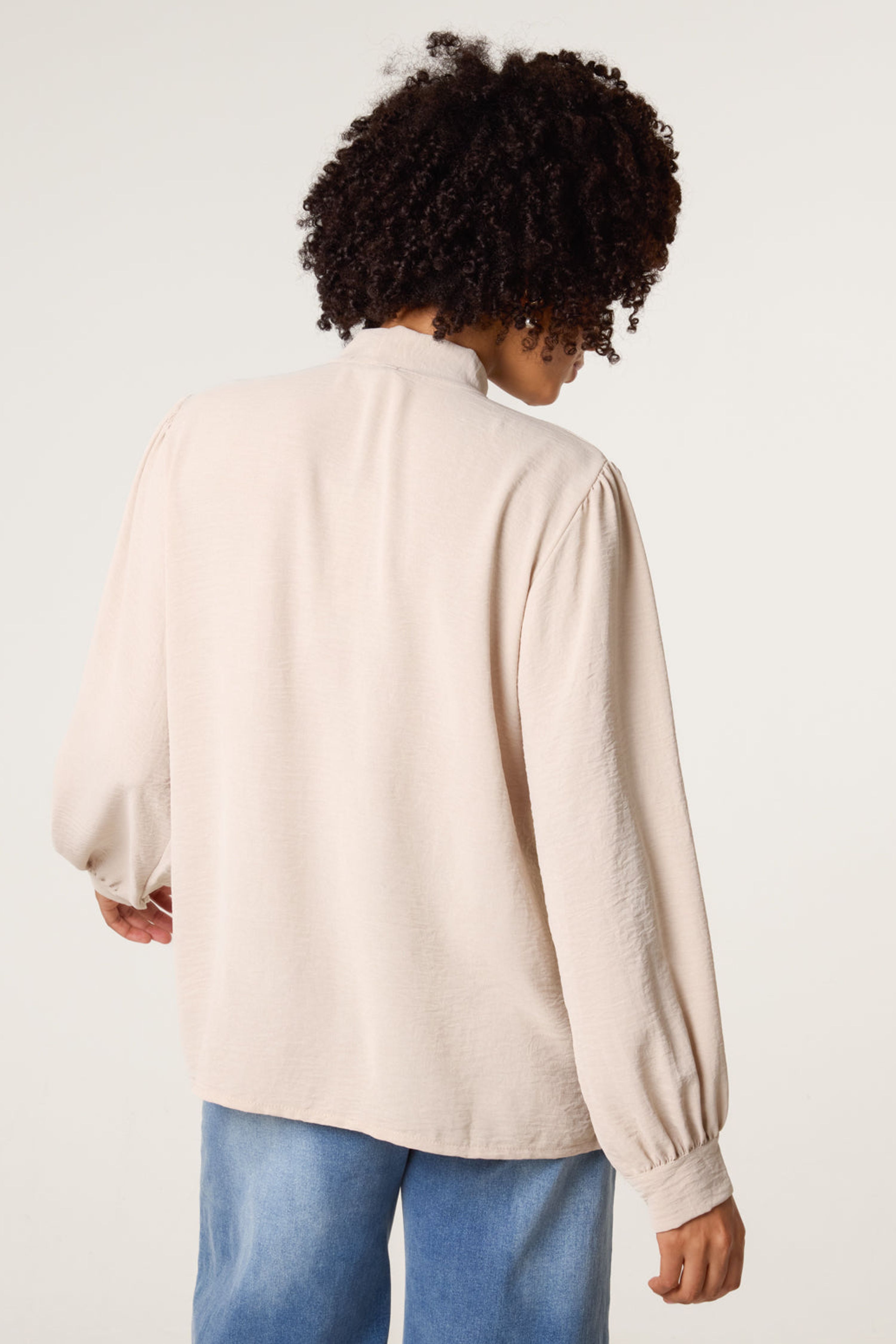 Blue Vanilla Beige Ruffle Pussybow Blouse