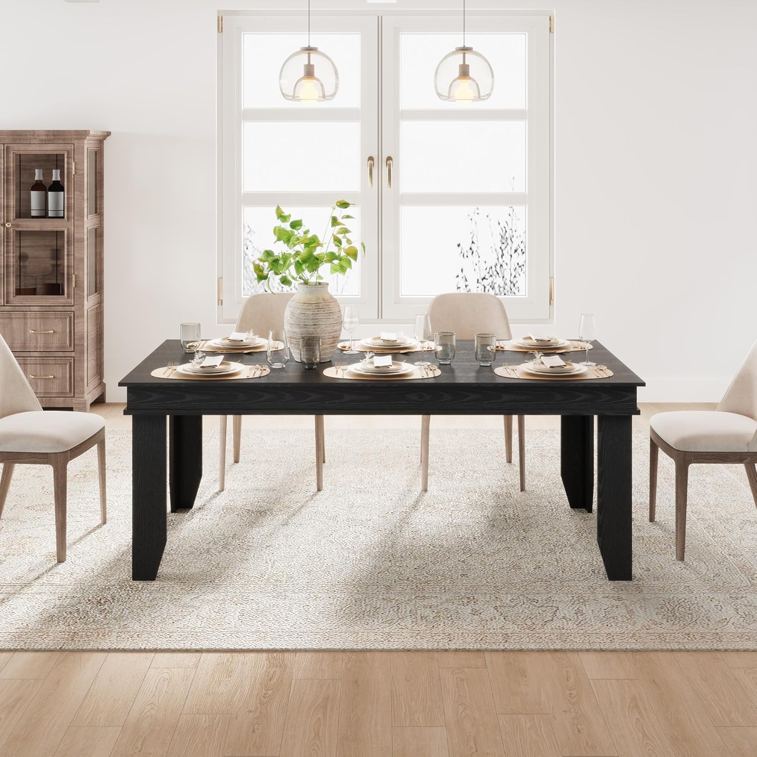 GarveeHome Farmhouse Dining Table for 6-8 People, 71 in Long Kitchen Tables with Wooden Sturdy Frame, 6 ft Large Rectangular Dinner Table for Dining Room, Kitchen (Black, 71 Non-extendable)