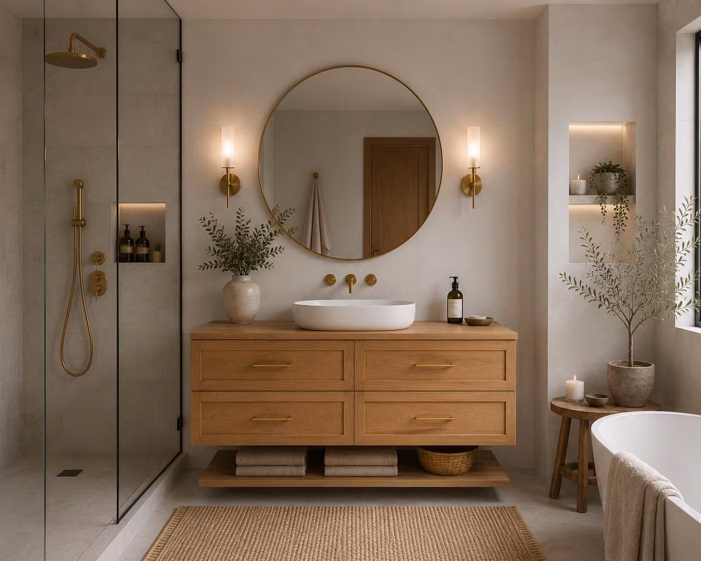 Floating Oak Bathroom Vanity, Wall-Mounted, Soft-Close Drawers