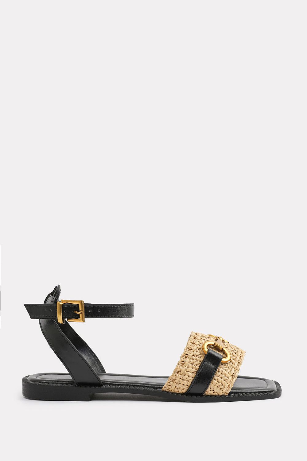 Where's That From Bonnie' Wide Fit Pu Straw Detail Strap Sandals With Buckle Closure