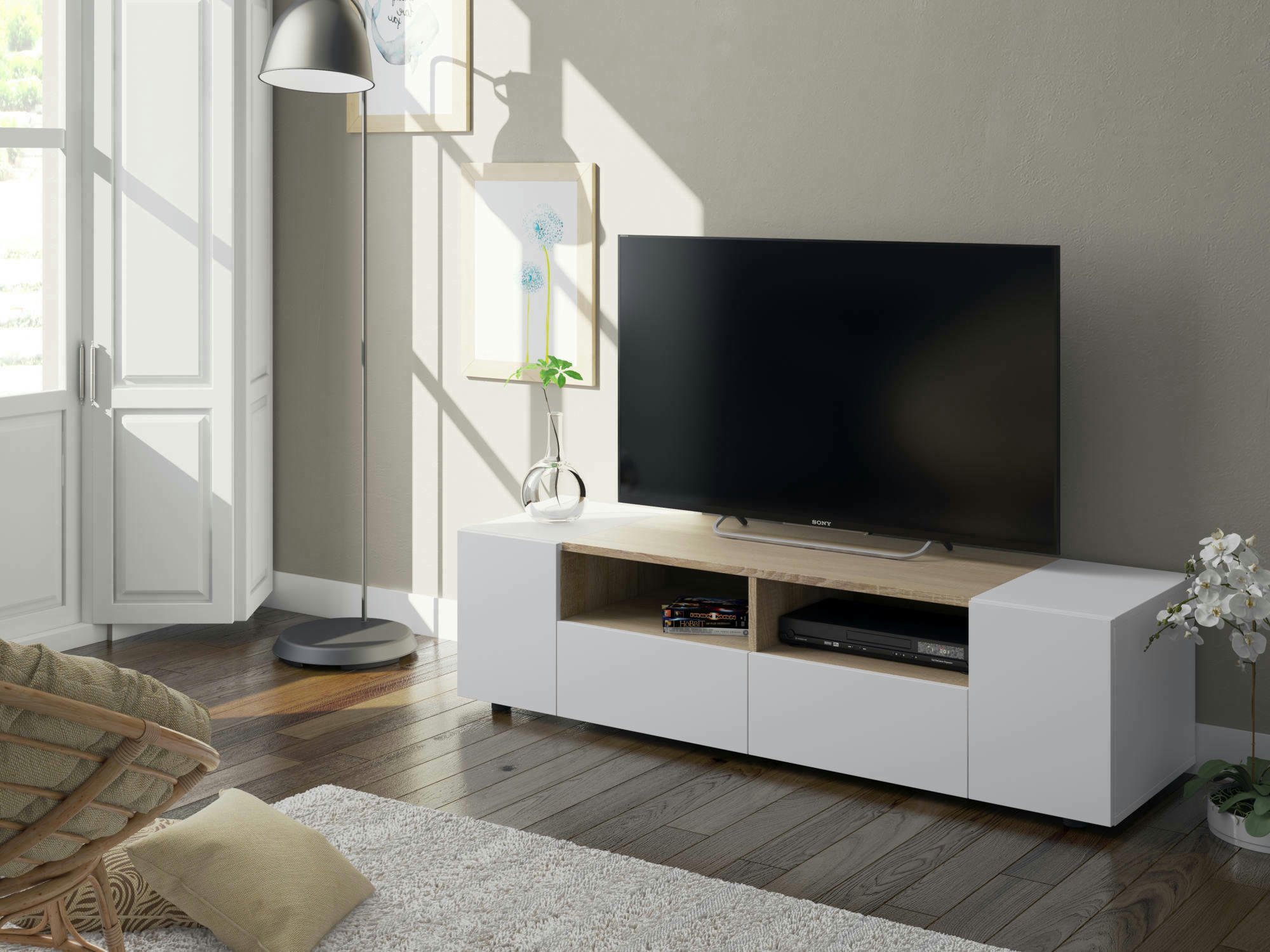 DMOLINO - Meuble TV blanc et chêne effet bois