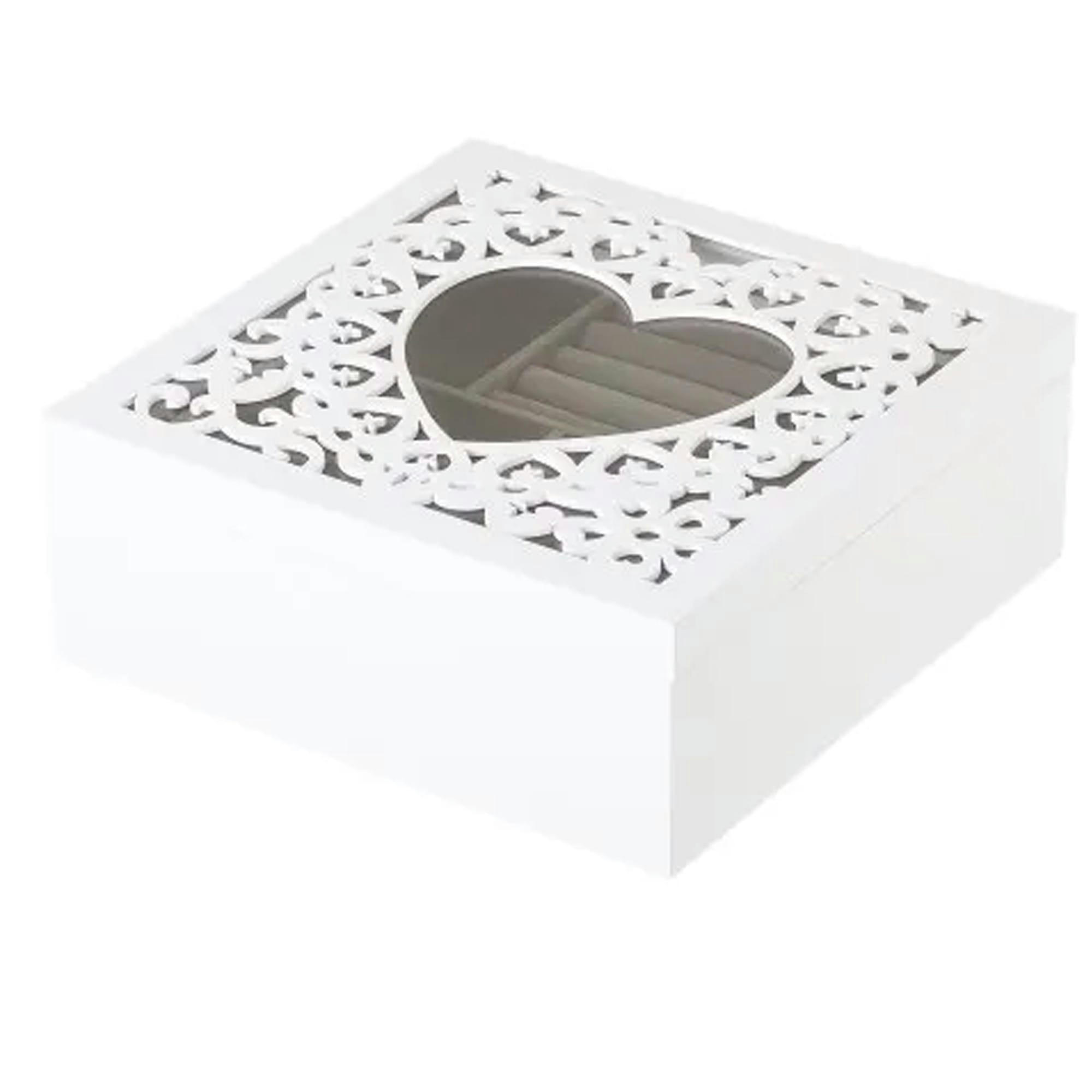 - Coffret à bijoux en bois blanc taillé et verre coeur 23x23x10cm