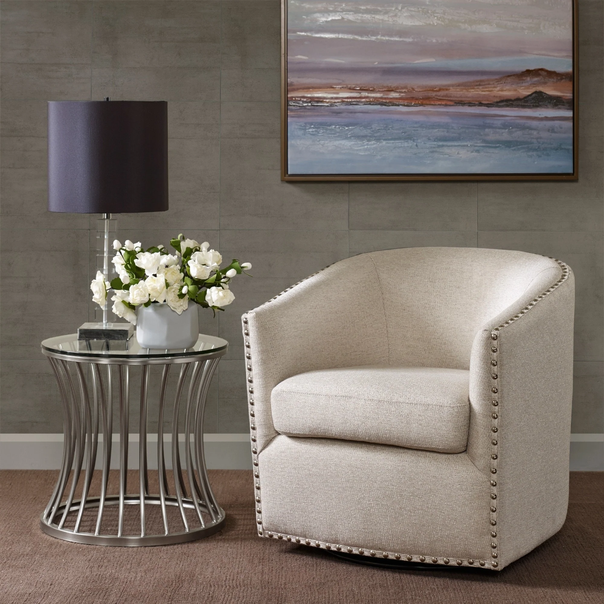 Madison Park Tyler Upholstered Swivel Barrel Chair with Nailheads