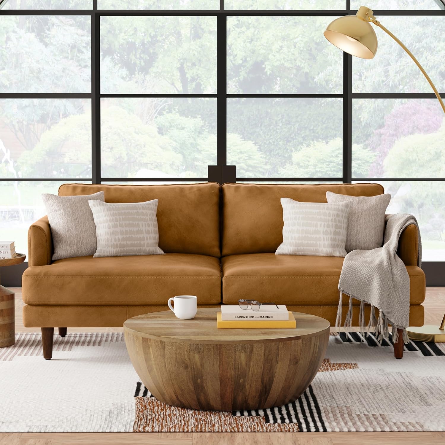 SIMPLIHOME Livingston Sofa - 76 inch Wide Top Grain Genuine Leather Sofa in Sienna, Mid-Century Modern Loveseat for Living Room with Removable Feather-Wrapped Cushions and Solid Wood Frame