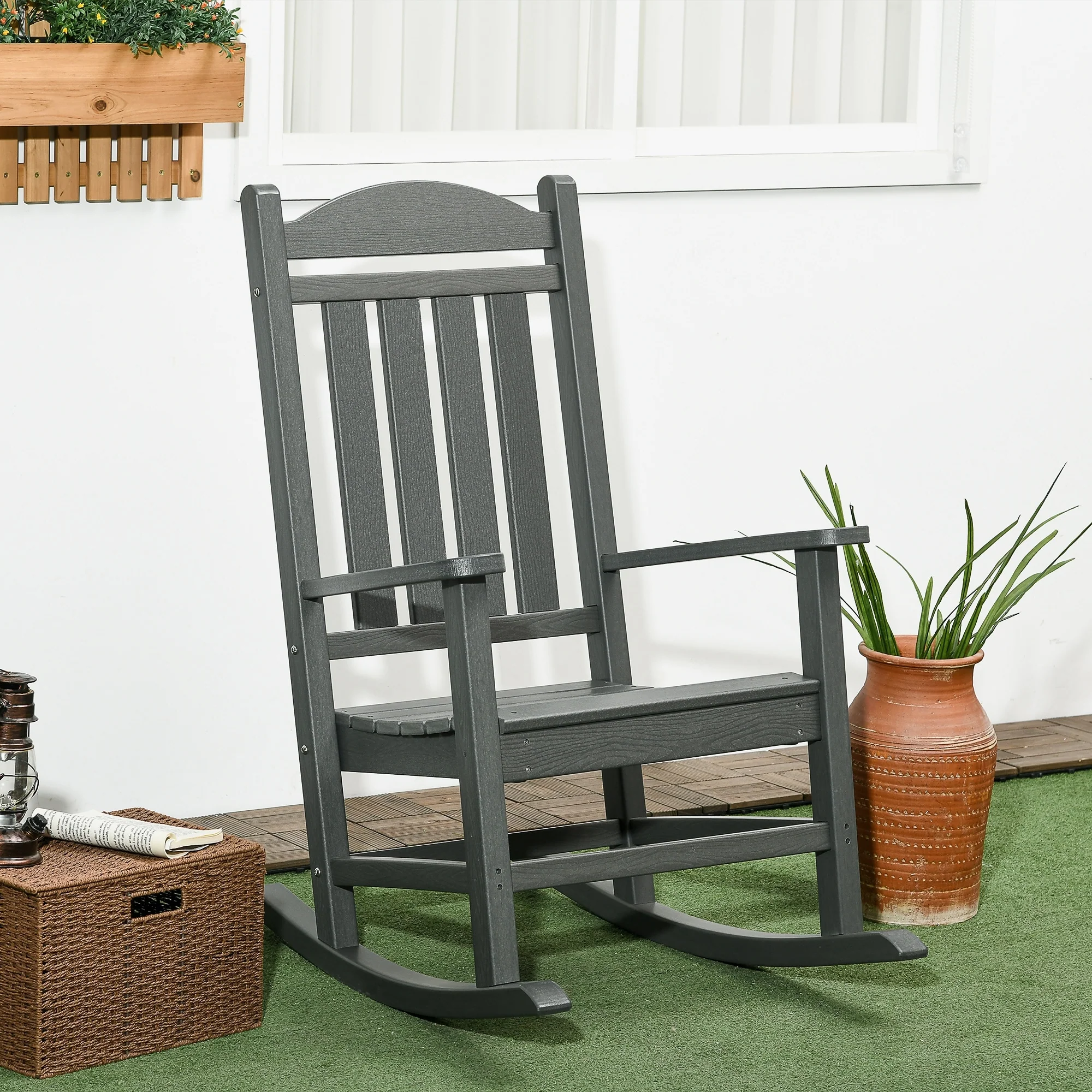 Outsunny 2 Pieces Outdoor Rocking Chair, All Weather-Resistant HDPE Rocking Patio Chairs with Rustic High Back, Armrests