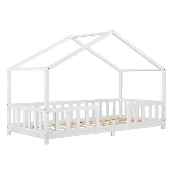 Lit d'Enfant Forme Maison avec Grille de Protection Treviolo200 x 90 cm Blanc Mat Laqué en.casa
