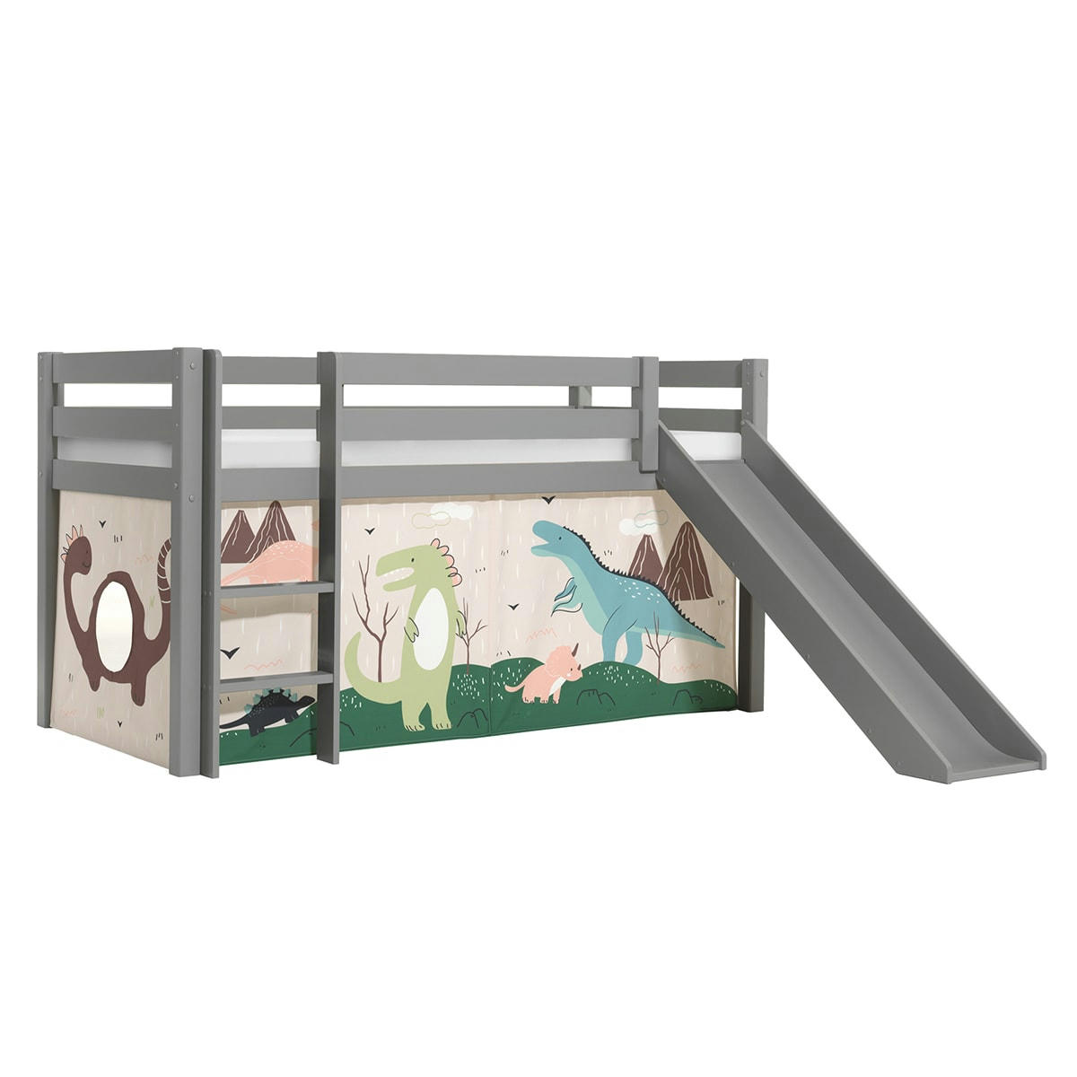 PINO - Lit mi-hauteur 90x200 toboggan sommier inclus housse dino beige