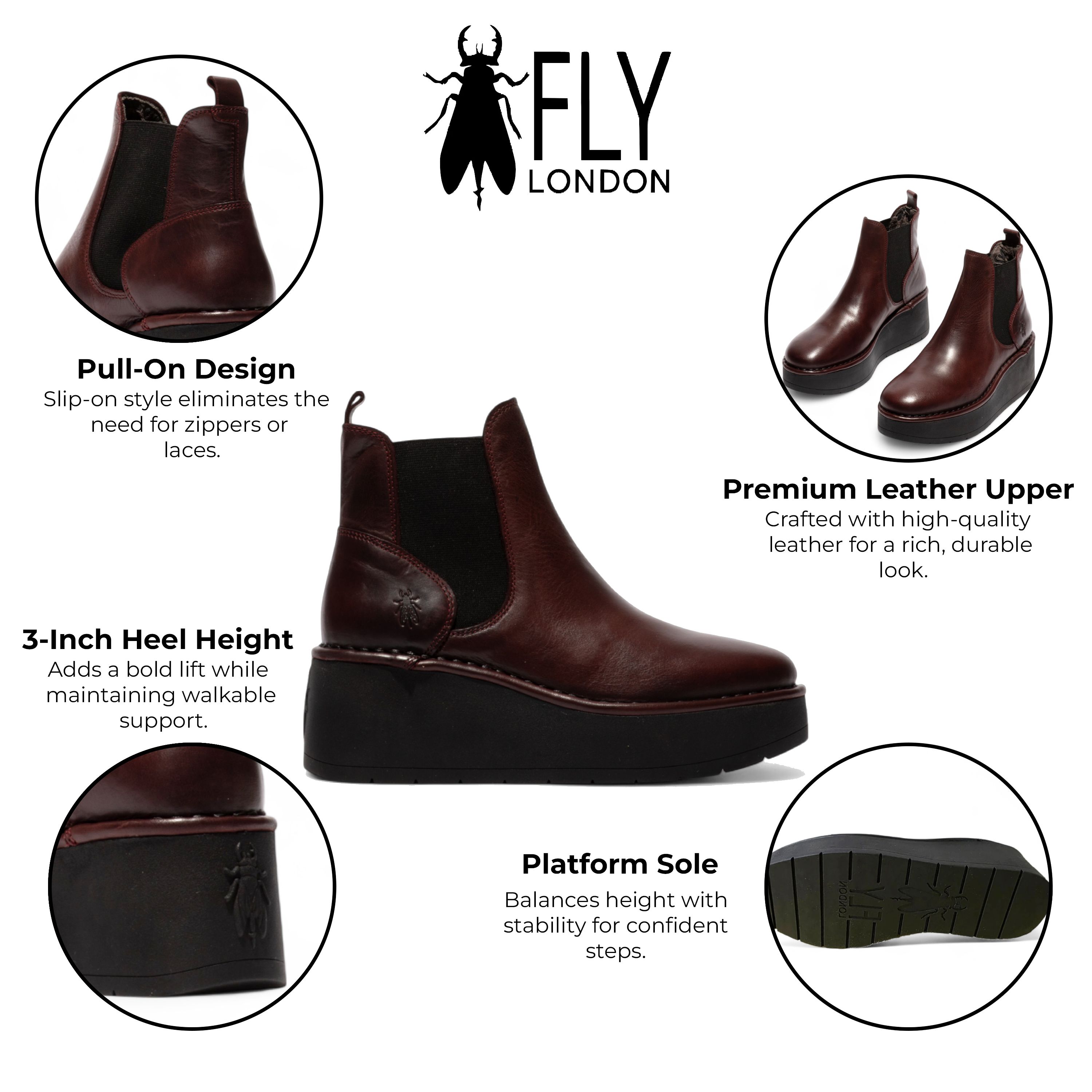 Infinity Leather Fly London Red HELY268 Chelsea Leather Ankle Pull-On Platform Comfort Boots