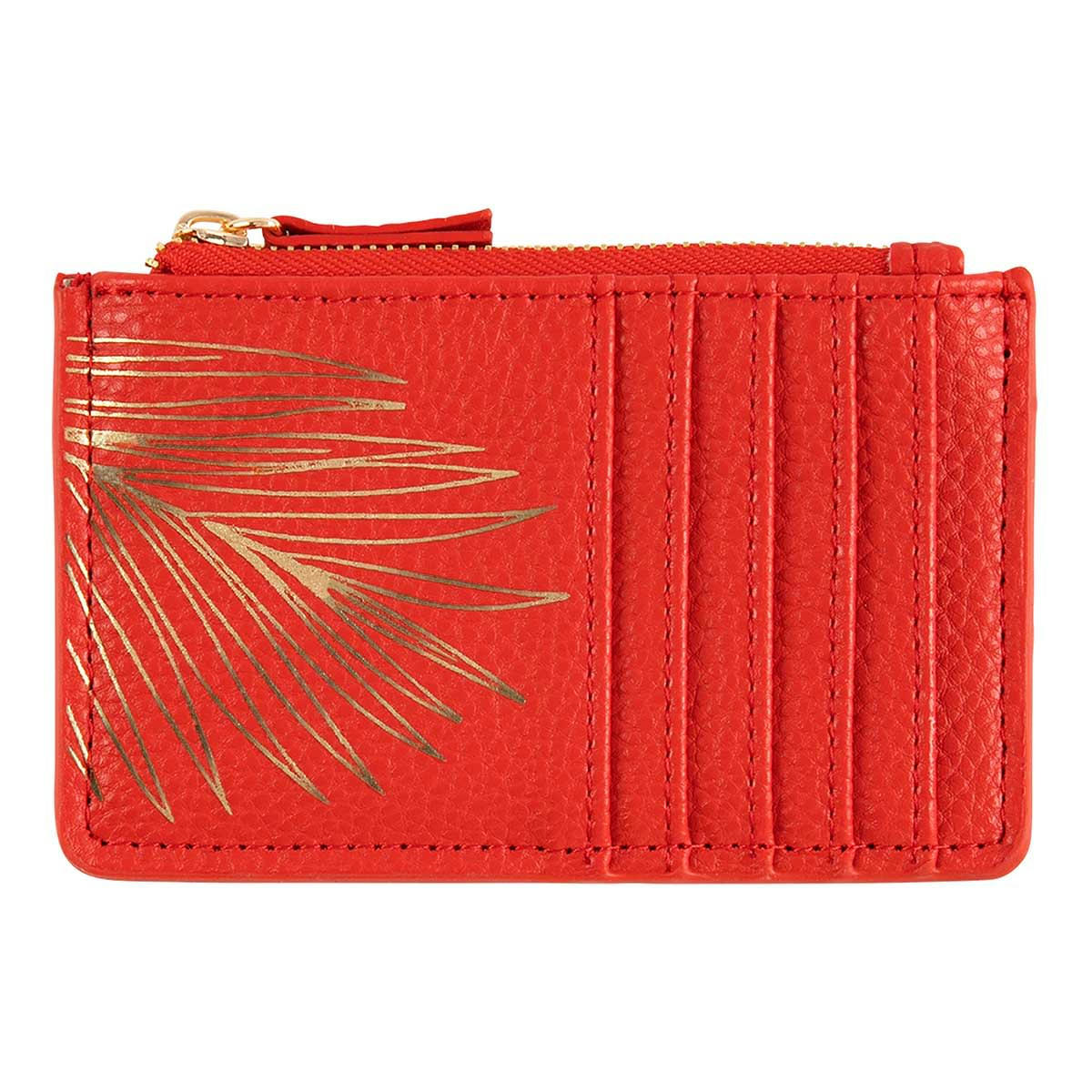 - Porte-cartes Zippé - Feuille Dorée - Rouge