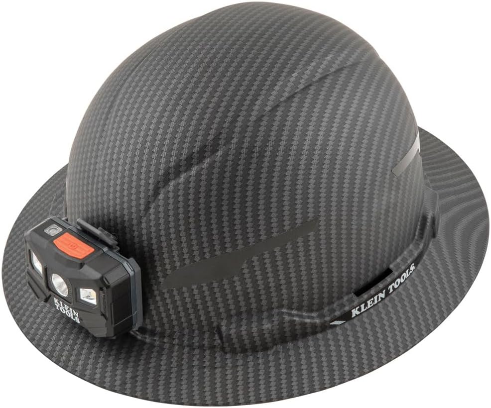 Klein Tools 60346 Hard Hat, Non-Vented Full Brim, Class E, Premium KARBN Pattern, Rechargeable Lamp, Padded Sweat-Wicking Sweatband, Top Pad