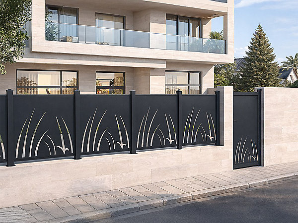 Clôture à poser en aluminium à motif végétal en découpe laser - Kit de départ - H114 x L118 cm - Anthracite - BRAMENO