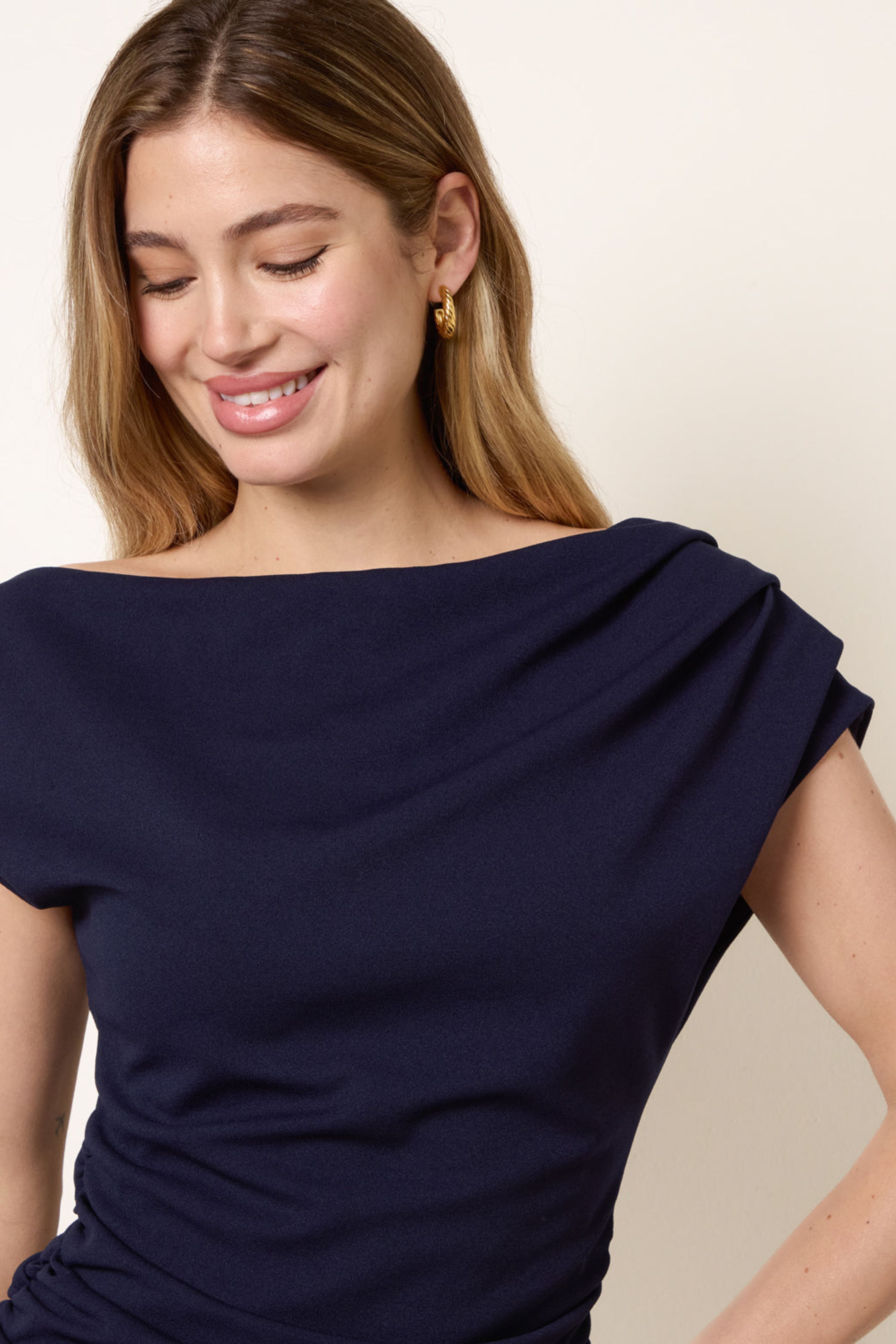 Blue Vanilla Navy Scuba Crepe Off-Shoulder Ruched Midi Dress