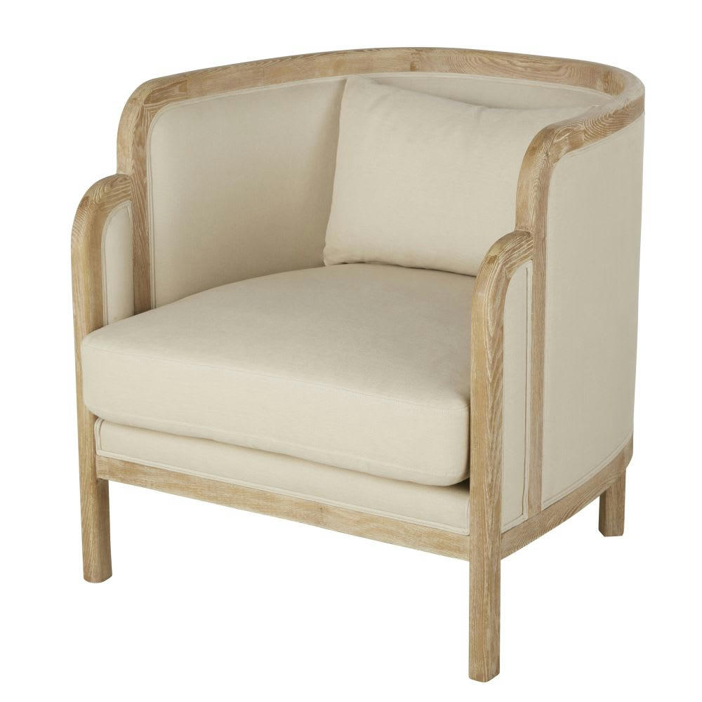 Earo - Fauteuil en lin beige et pieds en bois de chêne