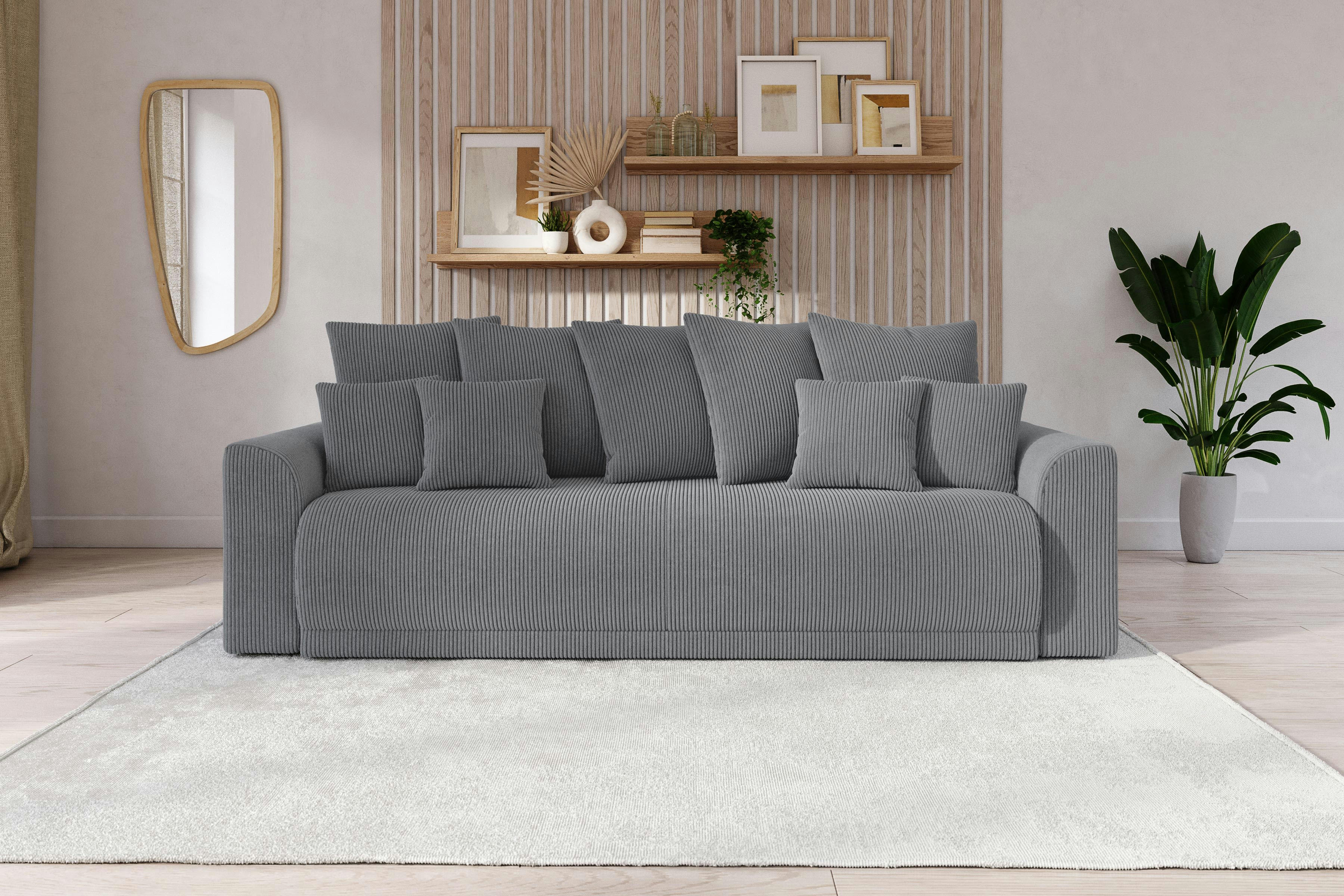 NOVA - Canapé droit convertible en velours côtelé 3 places gris souris