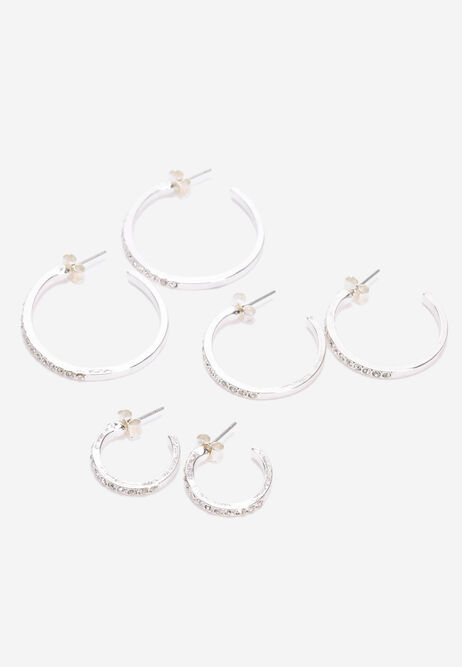 Womens 3pk Silver Sparkling Diamonte Hoops