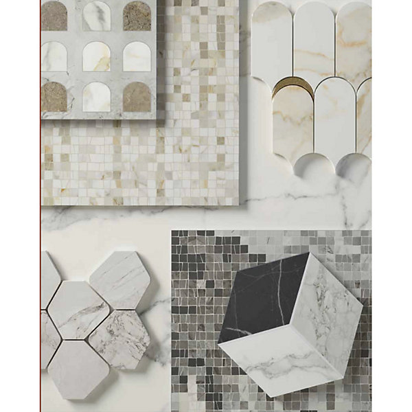 Mosaïque mur effet marbre décor orné d'inserts en or beige 41,02X30,3 cm - SCULTOREA Calacatta oro fino tessere arco oro reflex