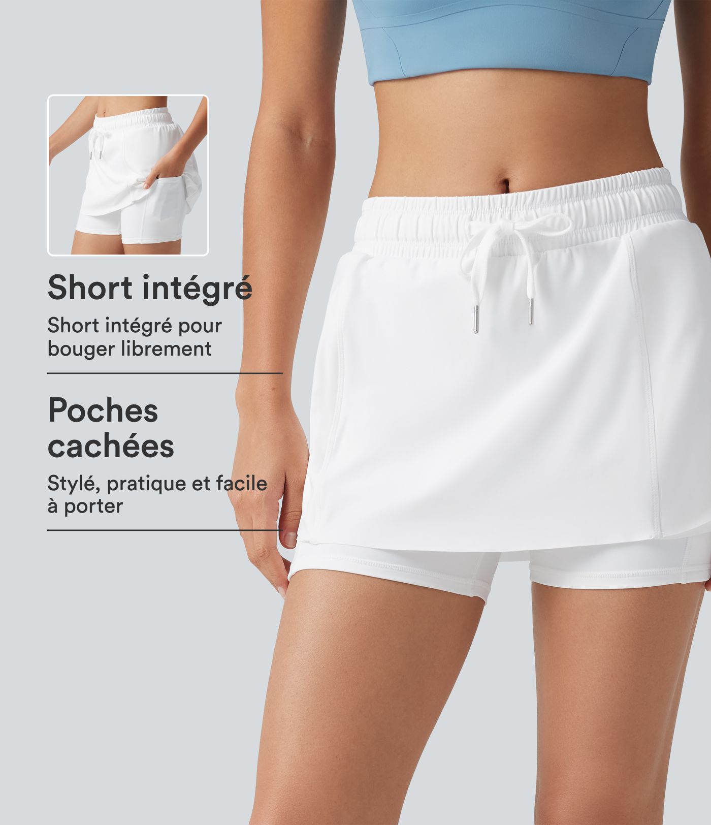 Jupe-short de sport mini SoftlyZero™ Airy taille mi-haute à ourlet croisé, toucher frais, cordon ajustable et poches