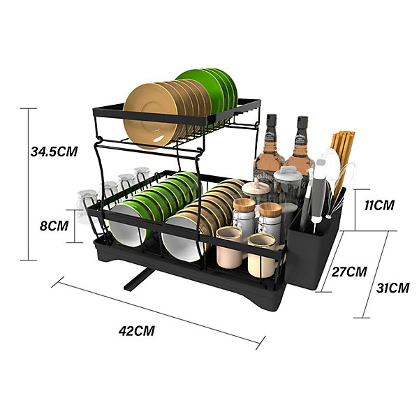 égouttoirs à Vaisselle à 2 Niveaux Noir,égoutoire Vaisselle Cuisine avec bac Récupération Amovible et Porte-Couverts.