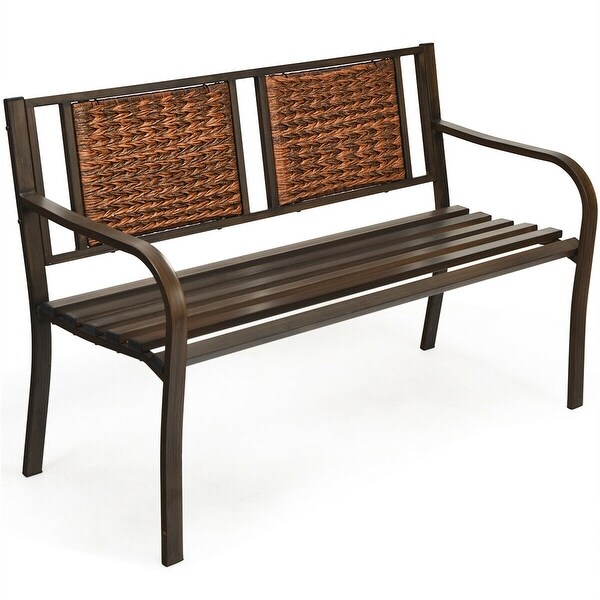 50.5" Outdoor Steel Frame Rattan Porch Furniture Patio Garden Bench