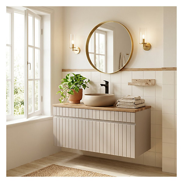 Ensemble ICON : meuble sous vasque 100cm cachemire et plan pour vasque aspect bois et vasque ronde à poser
