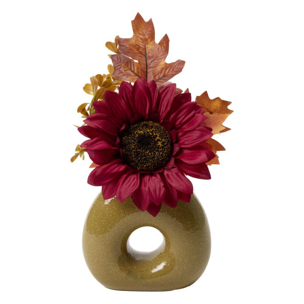 Plante artificielle automne dans pot céramique forme donut Ø14xH28cm (2 modèles)