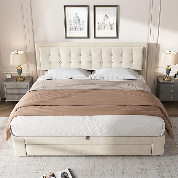 Lit adulte lit coffre lit 180x200 cm lit de rangement lit rembourré hydraulique lit 2 tiroirs lit double velours beige