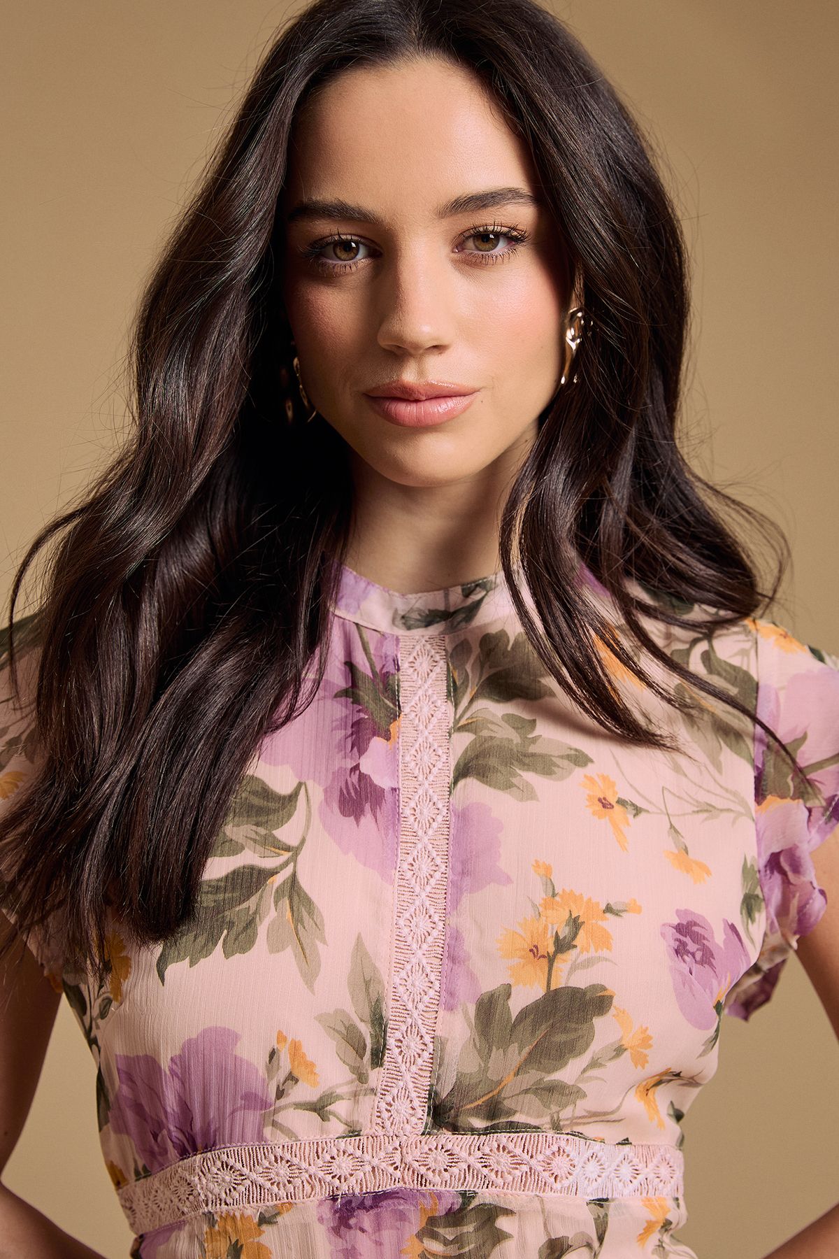 Oasis Floral Printed Chiffon Lace Insert Dress