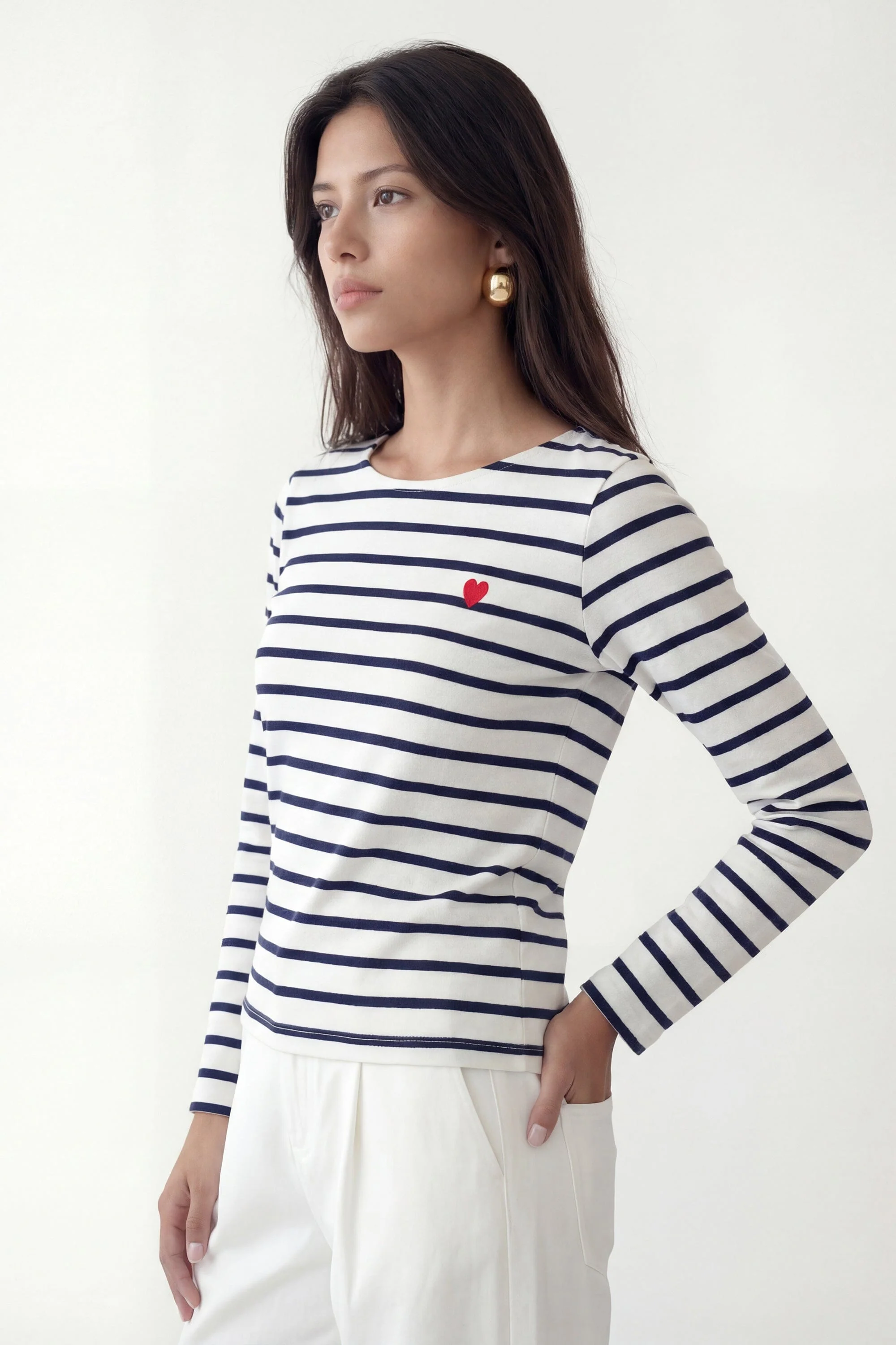 TEE SHIRT - COEUR MARINIERE -  ECRU/MARINE