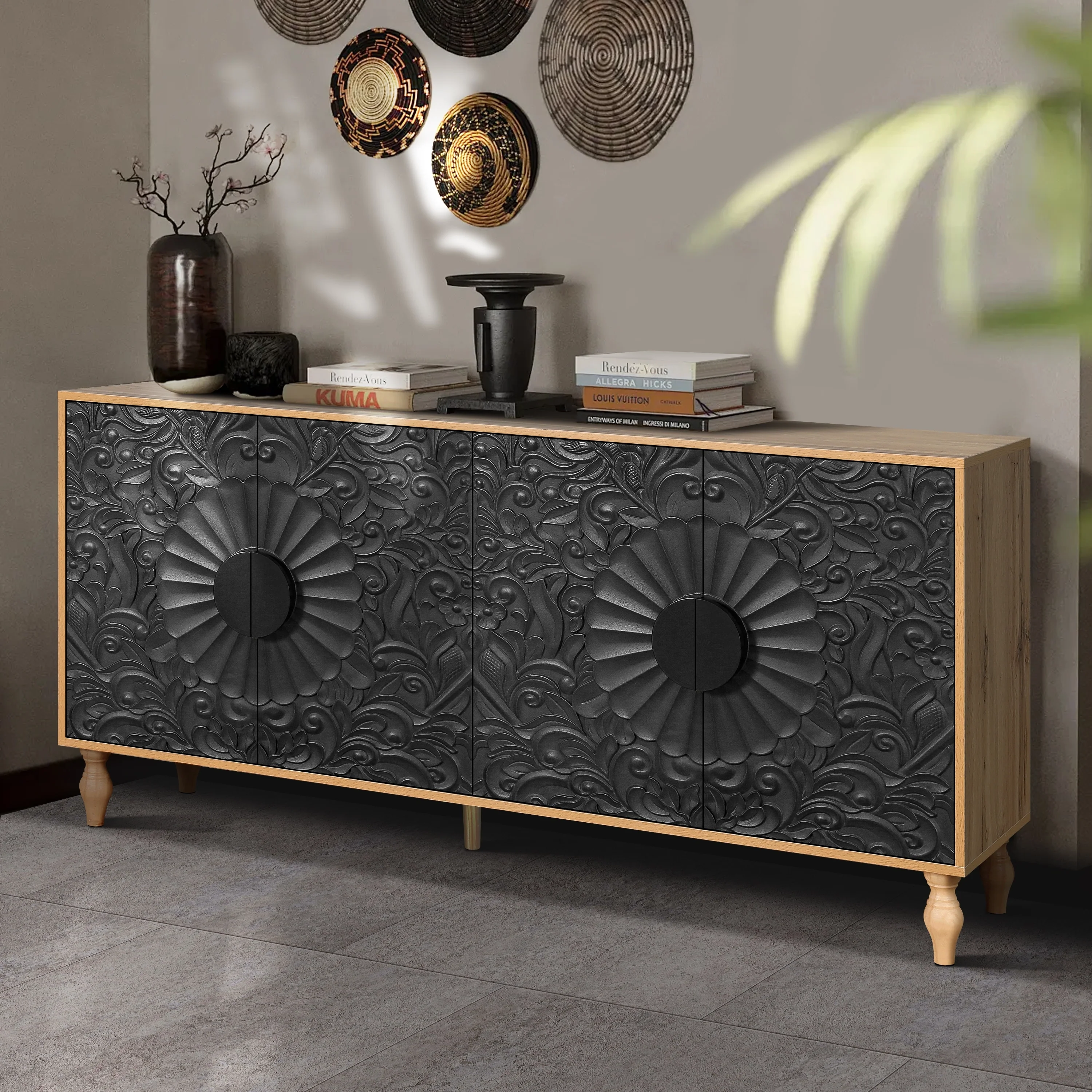 Black+Natural 62.99 Accent TV Stand with Carved Doors, Shelf, and Solid Wood Legs