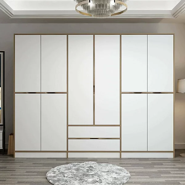 Grande Garde-robe Gaspard, Meubles de chambre, Penderie de plain-pied, Placard à vêtements, 277x52 h208 cm, Blanc et Or