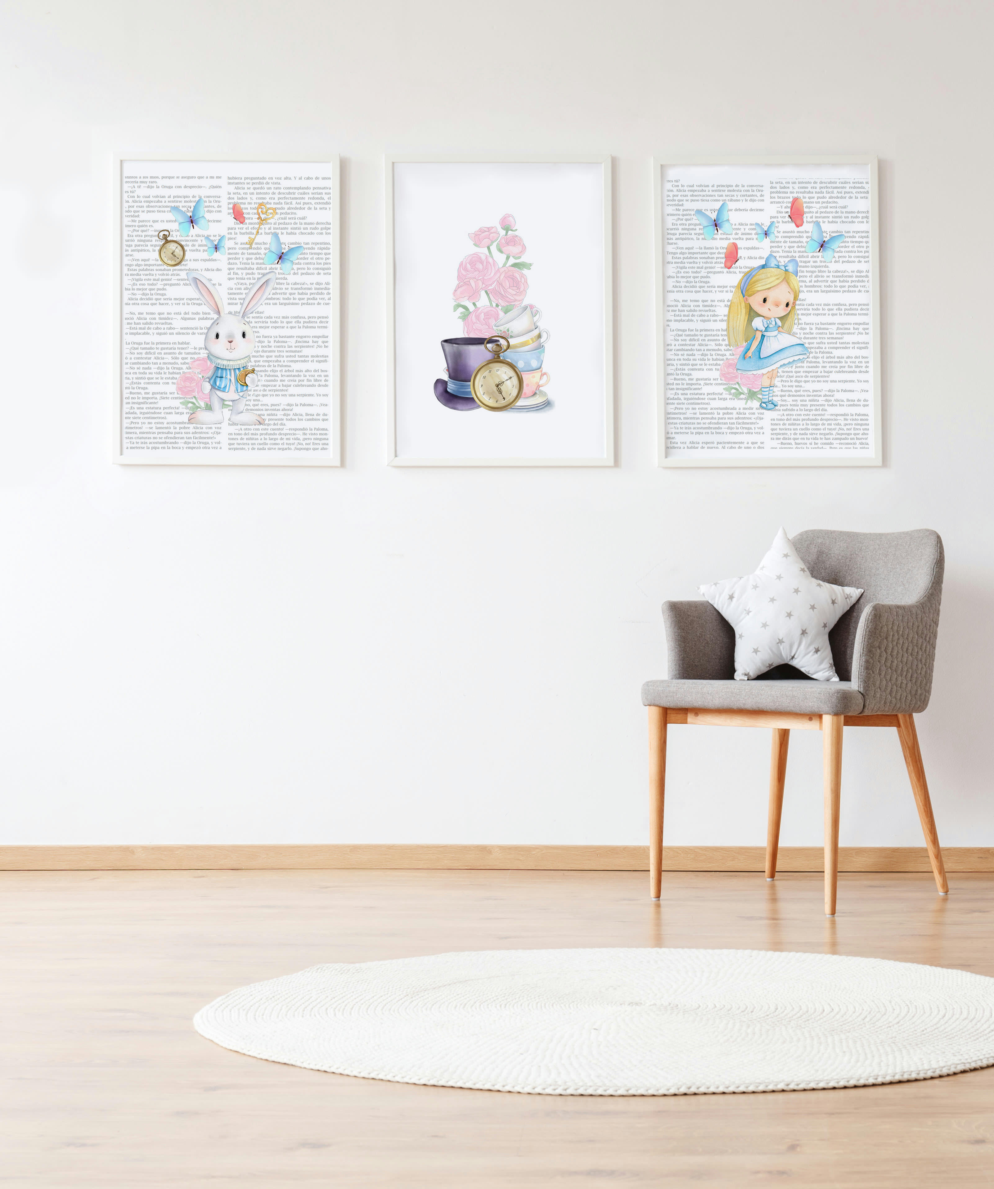 DECOWALL - Pack encadré bois blanc impression le histoire d'alicia lapin 43X33 cm