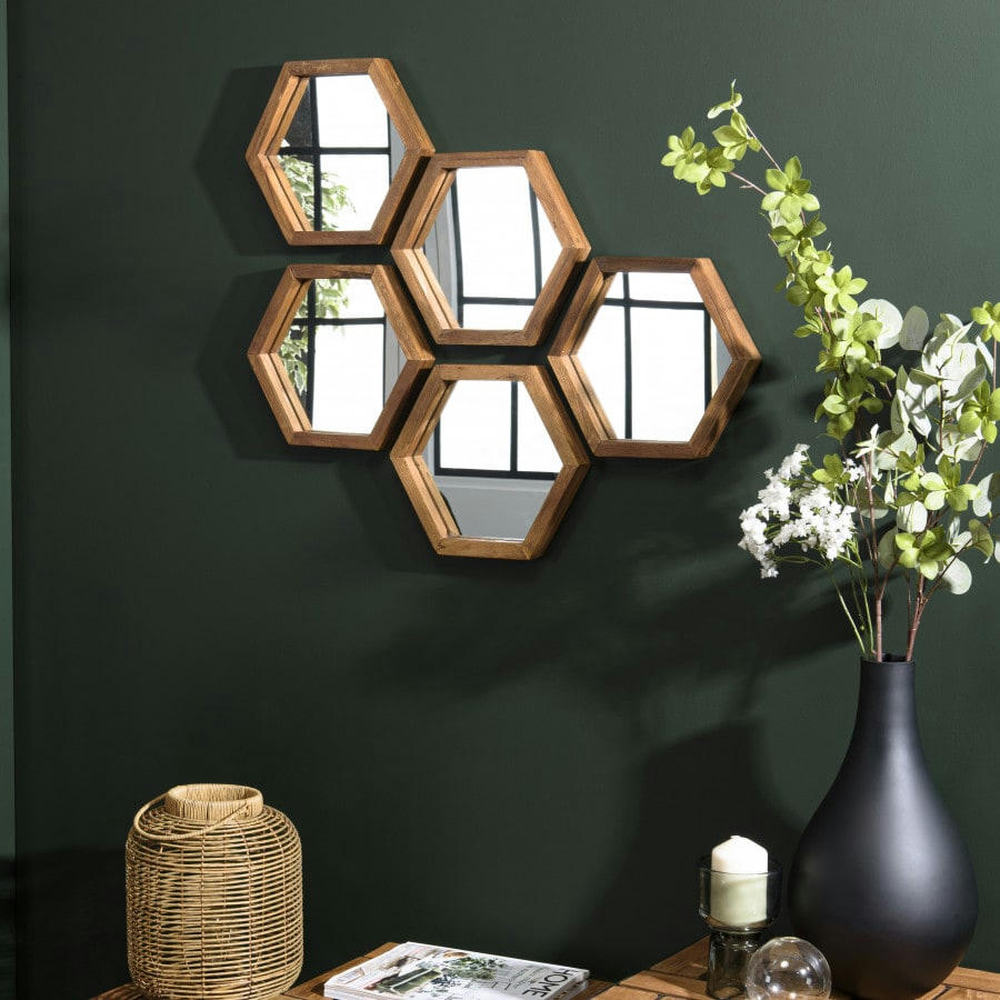 ALIDA - Miroir hexagonal en teck recyclé 30x26