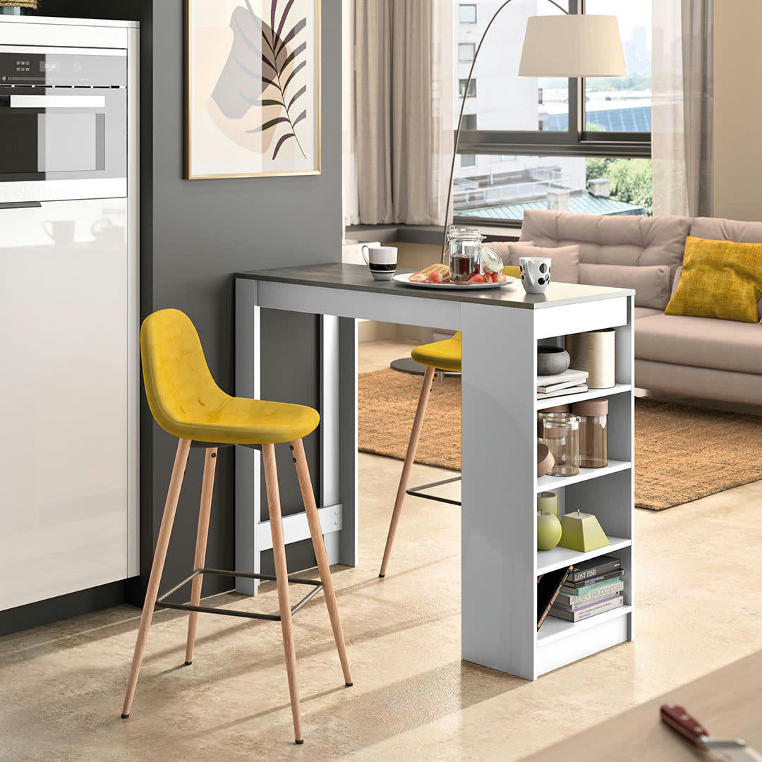 COCOON - Table bar effet bois blanc et béton - jaune