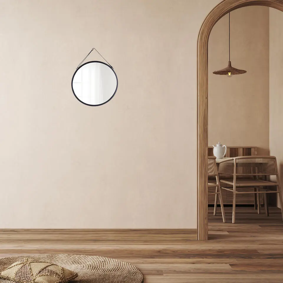 Tendance Wandspiegel - zwart - D38 cm - metaal met lederlook riem