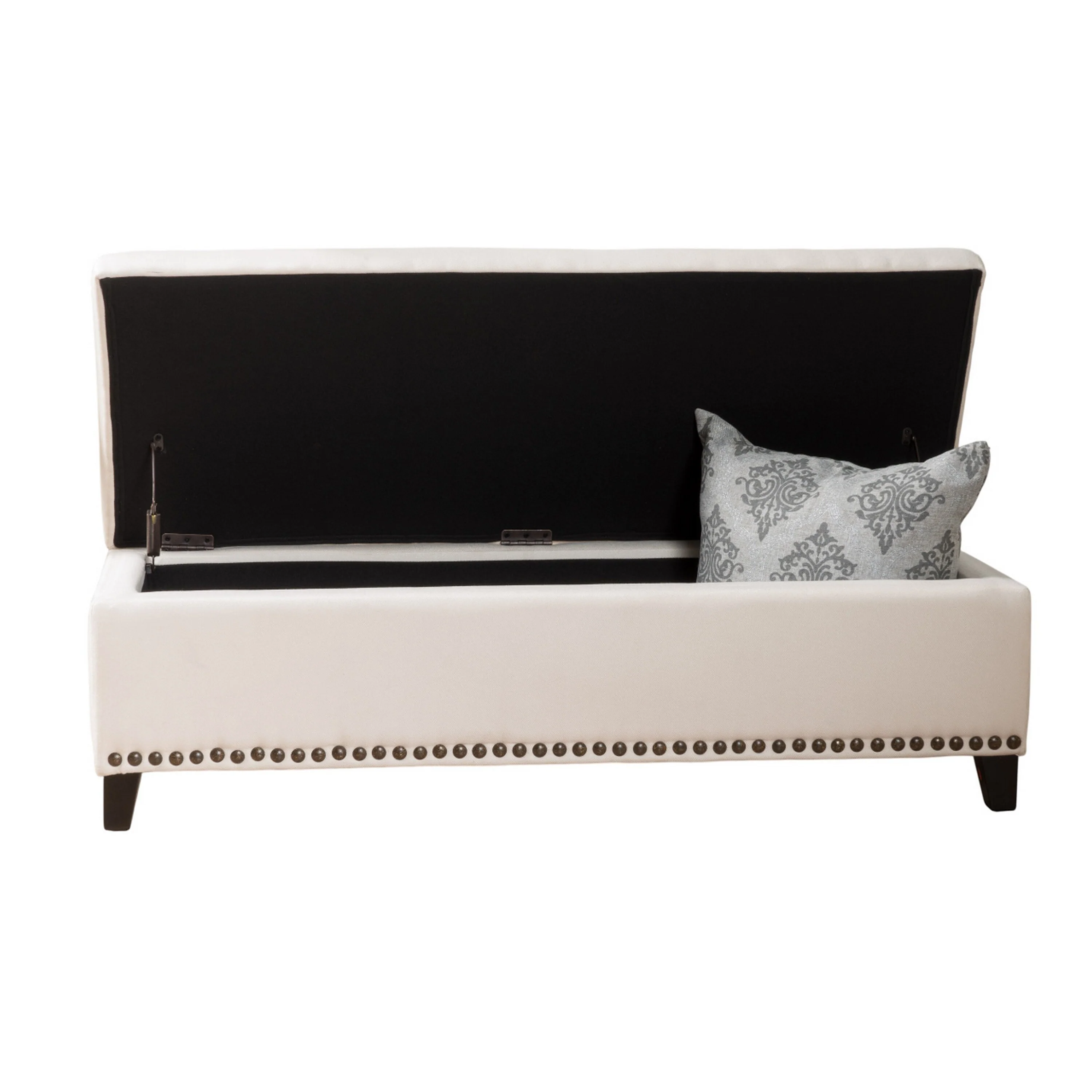 Ottoman Bench, Chain Link Pattern, Nailhead Trim, 51 Inch Beige Fabric