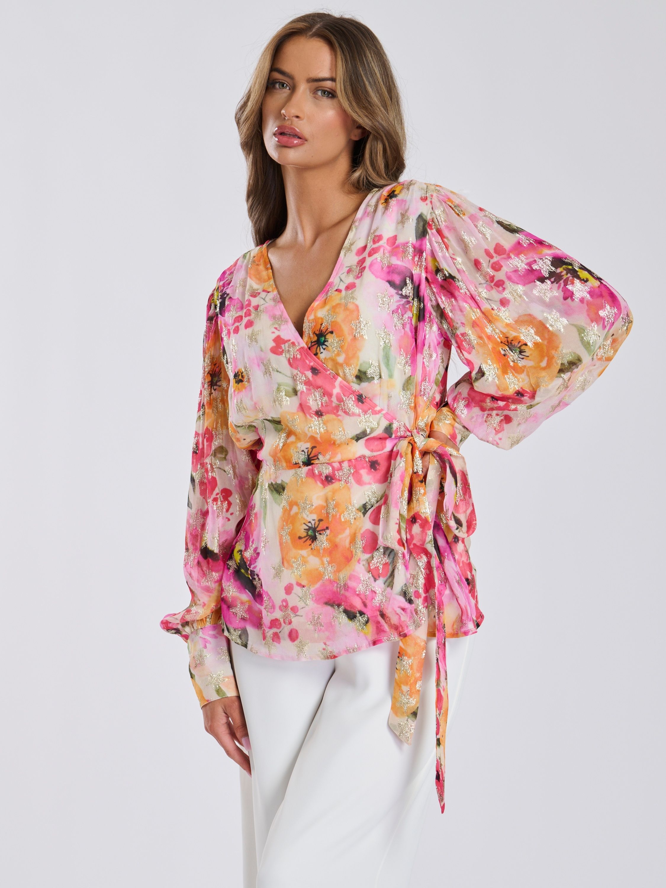 Finding Friday Print Metallic Wrap Tie Blouse