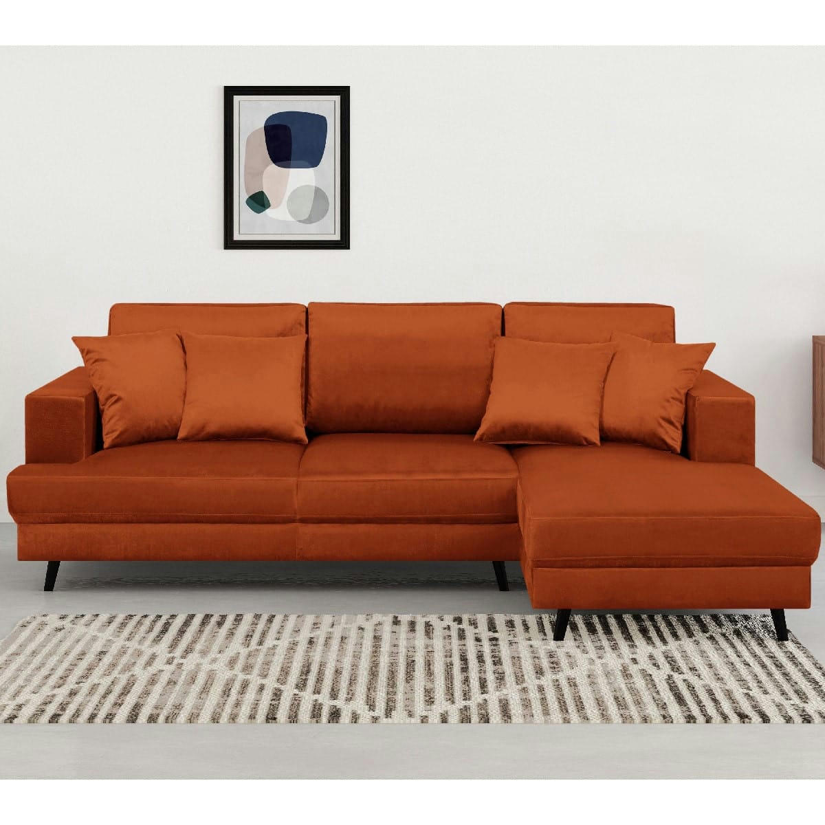 MARCEAU - Canapé d'angle droit convertible 4 places en velours rouille