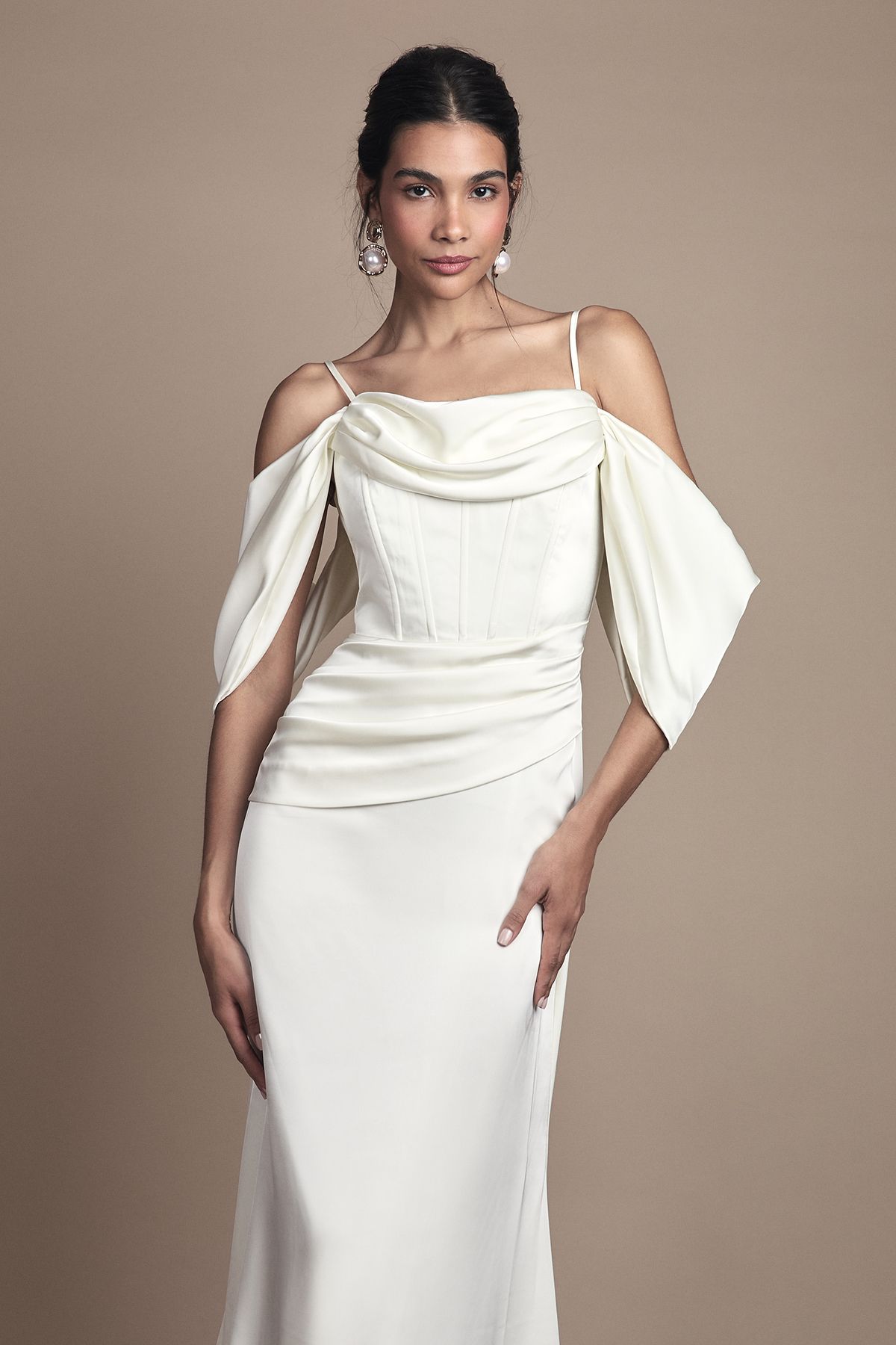 Coast Cowl Neck Corset Drape Satin Maxi Wedding Dress